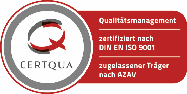 Certqua-Siegel: Qualitätsmanagement zertifiziert nach DIN EN ISO 9001, zugelassener Träger nach AZAV